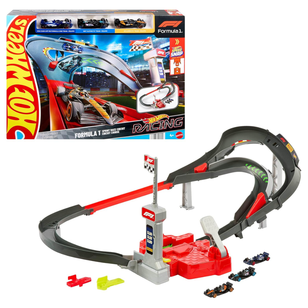 Hot Wheels Toy Car Track Set With 3 Formula 1 Die-Cast Vehicles