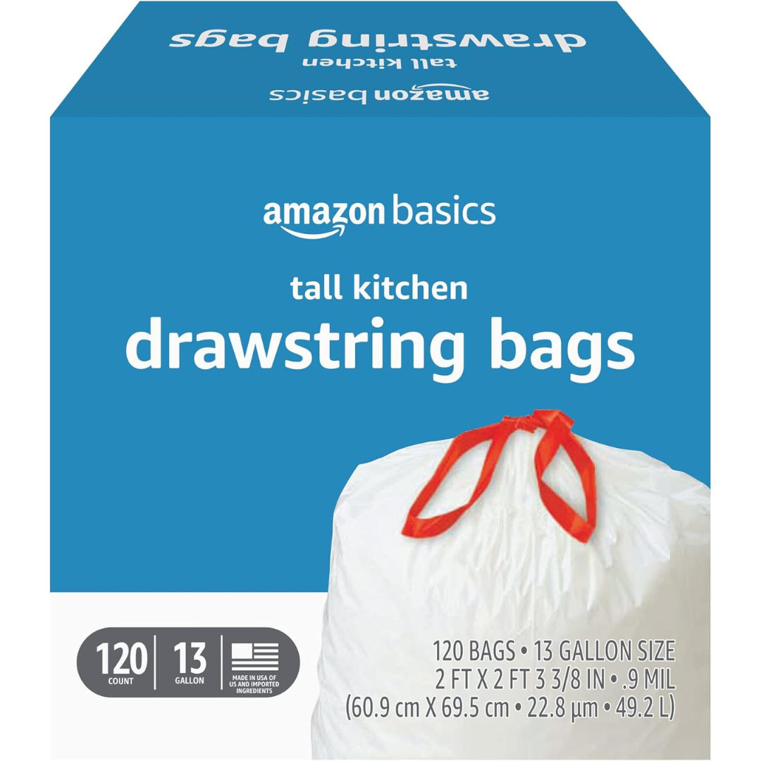 120-Count Amazon Basics 13-Gallon Kitchen Drawstring Trash Bags