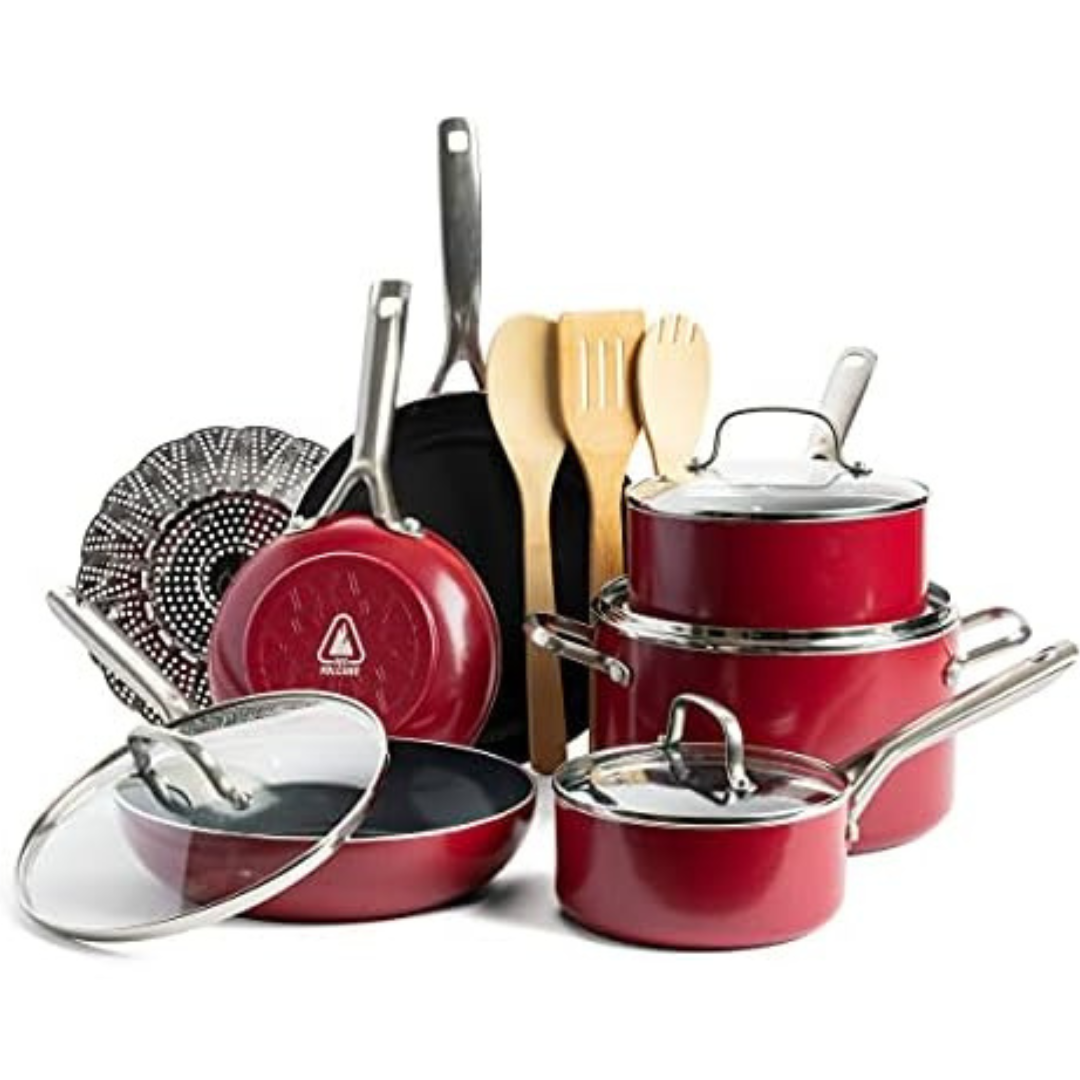 14-Piece Red Volcano Ceramic Nonstick Cookware Set