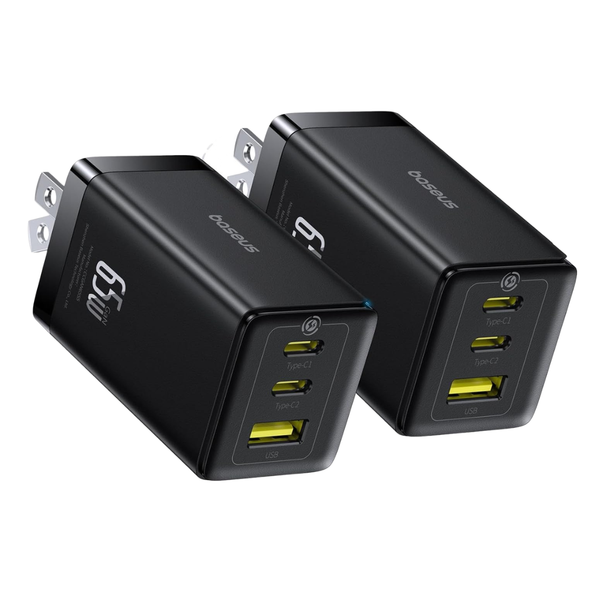 2-Pack Baseus 3-Port 65W USB-C Foldable Wall Charger Adaper