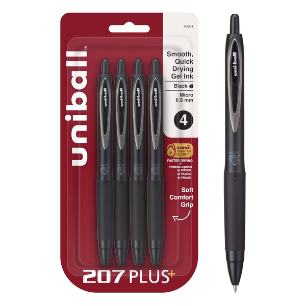 4-Pack Uni-Ball 0.5mm 207+ Black Retractable Gel Pens