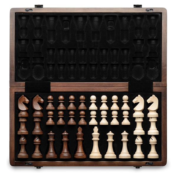 A&A 15" Folding Portable Magnetic Wooden Chess Set W/ 2 Extra Queens