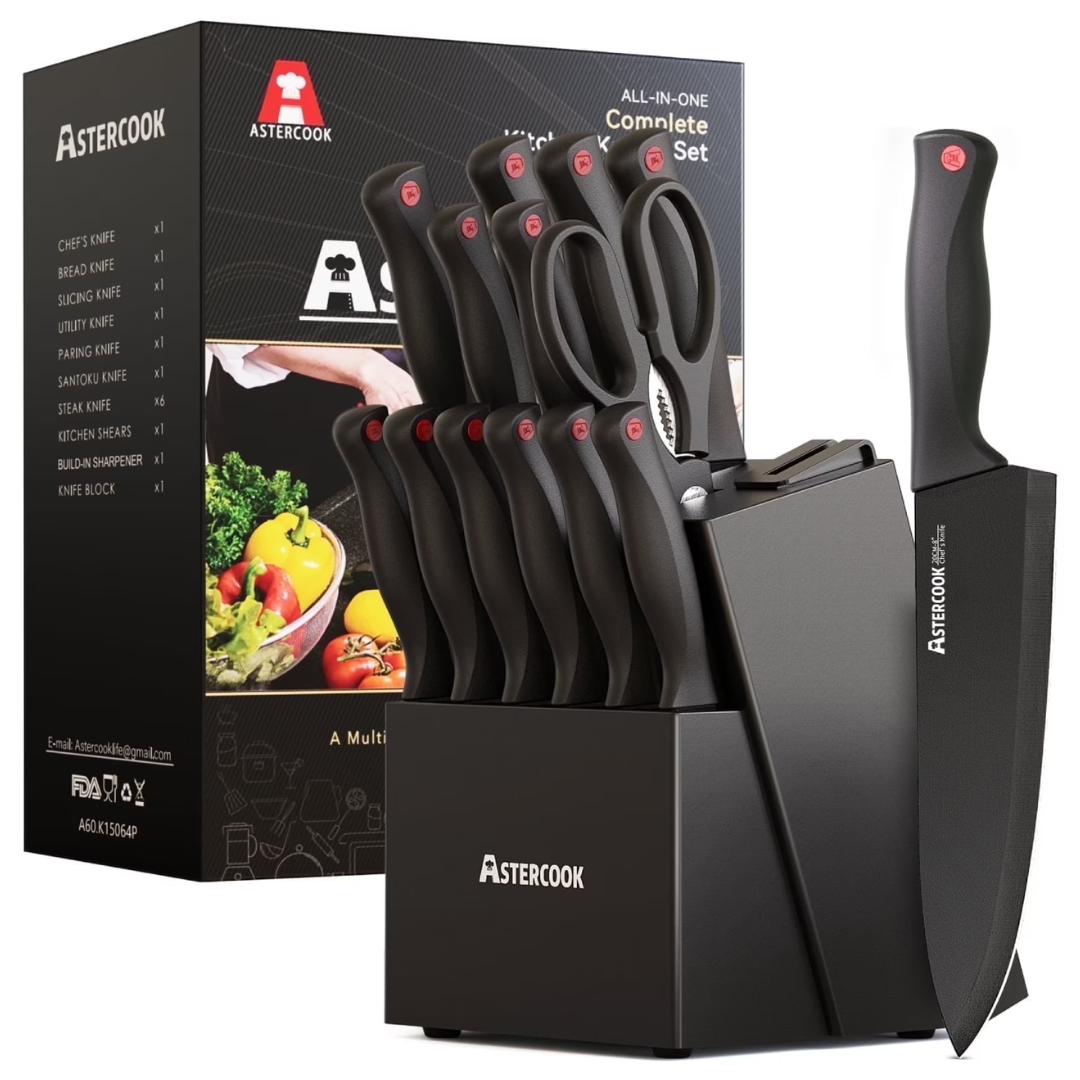 15-Piece Astercook Kitchen Knife Set With Sharpener Block (2 Colors)