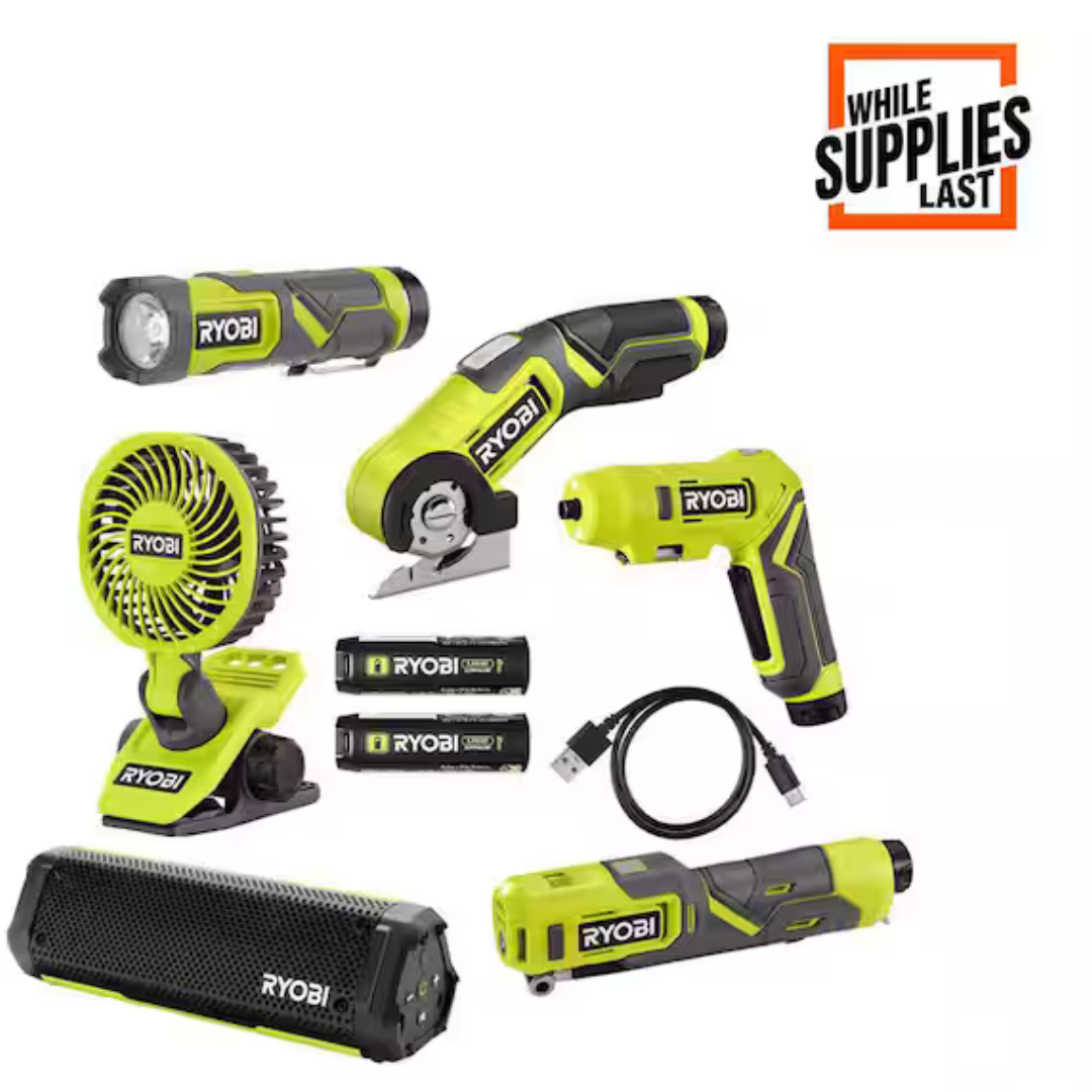 RYOBI USB Lithium-Ion Cordless 6-Tool Combo Kit W/ 2Ah Batteries & USB Charging Cable