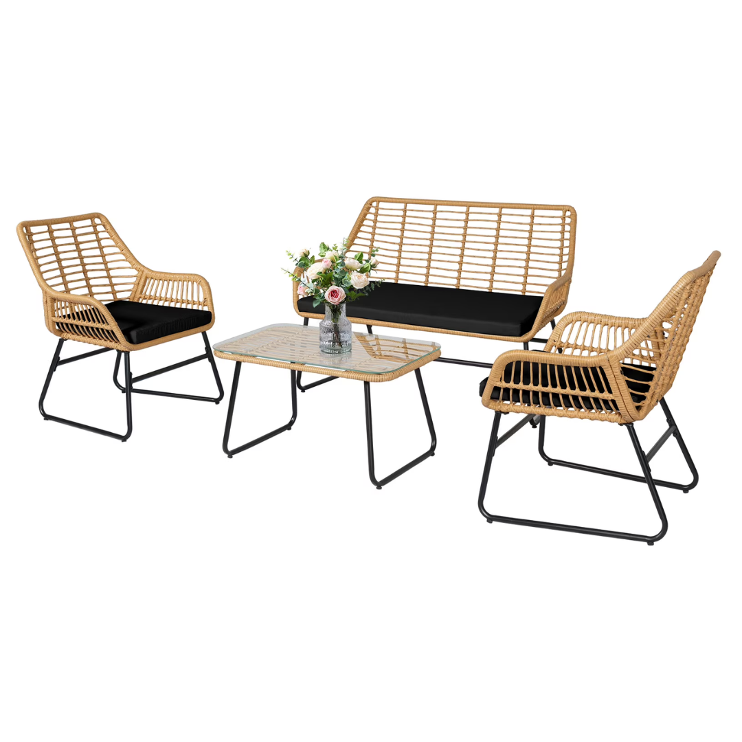 4-Piece Tappio Outdoor Rattan Patio Furniture Set With Glass Table (2 Colors)