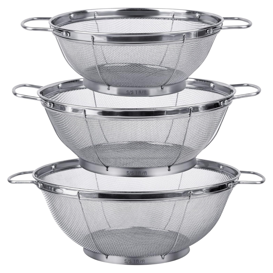 3-Pack Stainless Steel Colander & Strainer Set W/ Handles & Resting Base