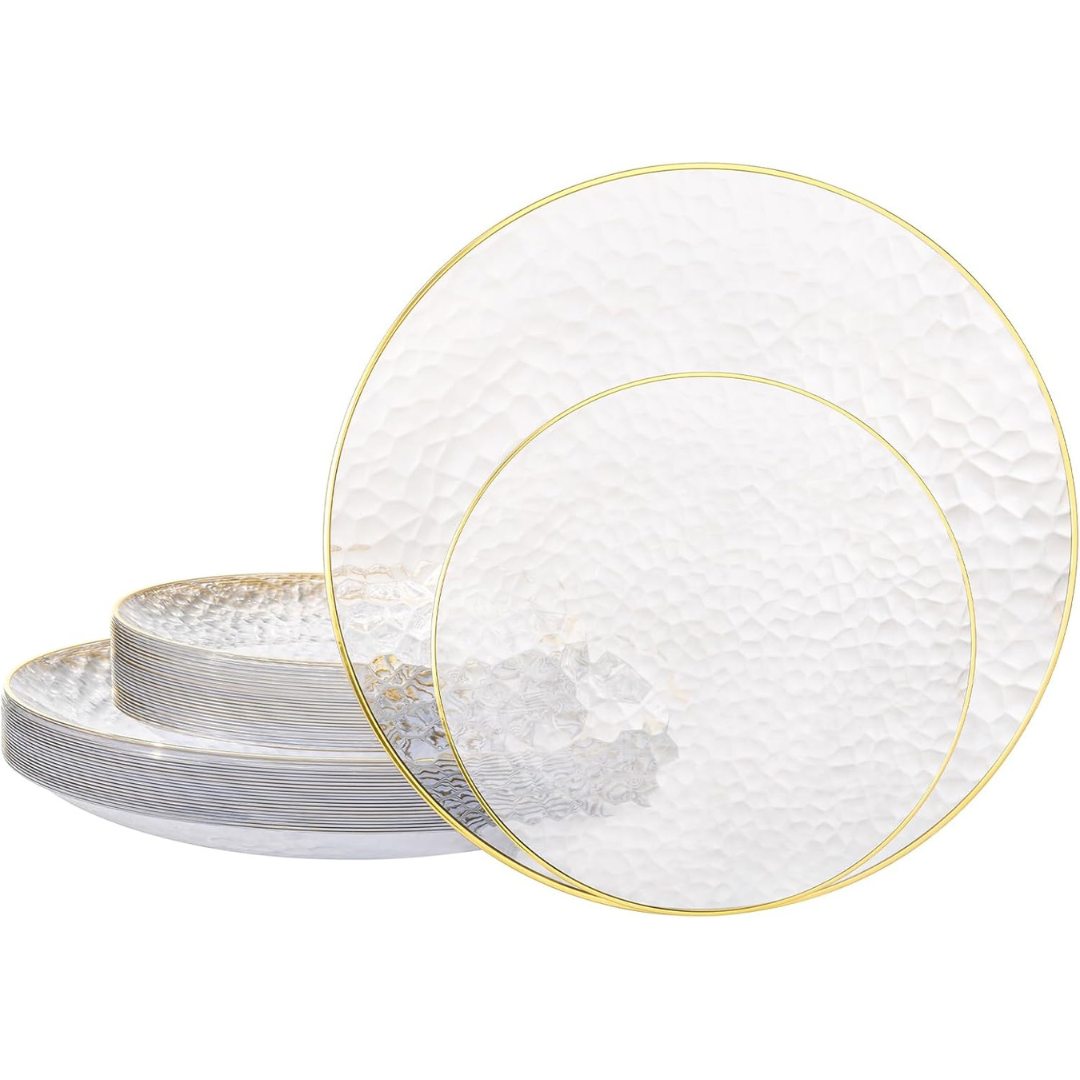 50-Piece Hammered Plastic Plates With Gold Rim