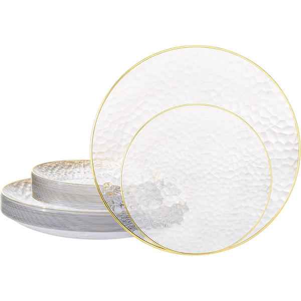 50-Piece Hammered Plastic Plates With Gold Rim
