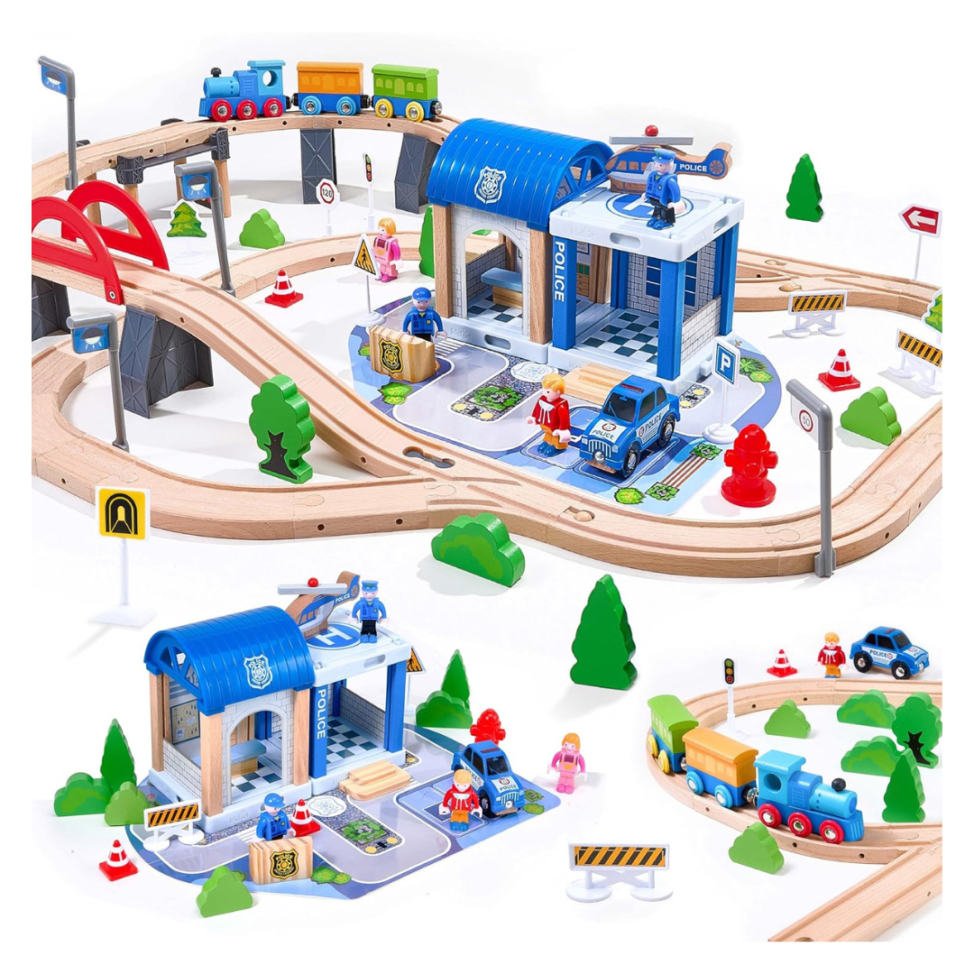 102-Piece Wooden Train Set For Kids With Expandable & Customizable Track