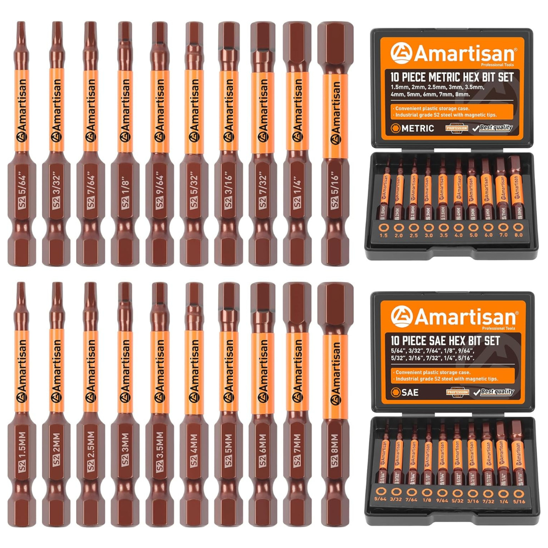 20-Piece Amartisan Metric & SAE Hex Head Allen Wrench Drill Bit Set W/ Box