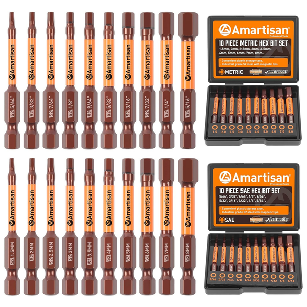 20-Piece Amartisan Metric & SAE Hex Head Allen Wrench Drill Bit Set W/ Box