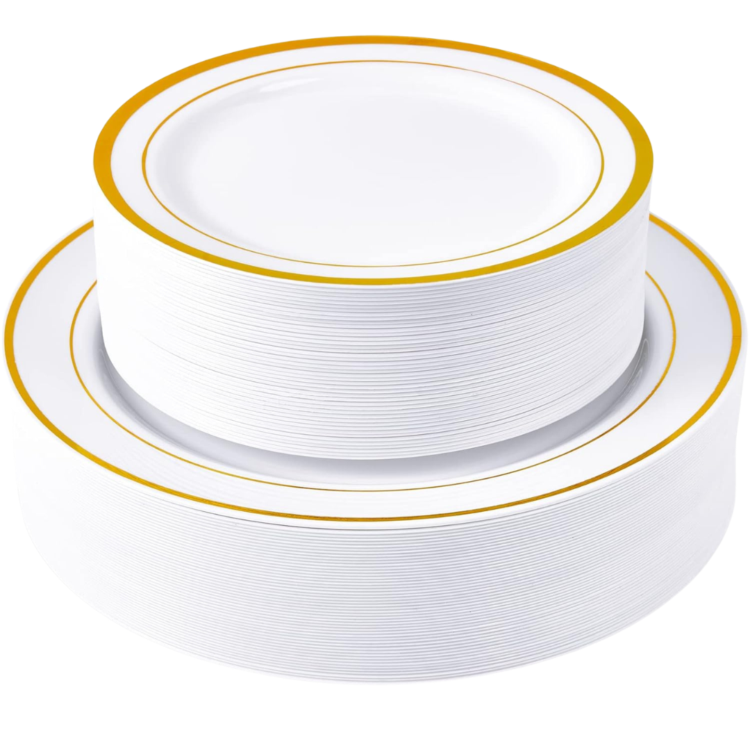 100-Piece JollyPack Disposable Gold Plastic Party Plates Set