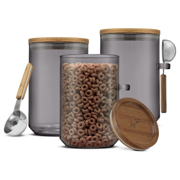 Set Of 3 Glass 32-Oz Stackable Storage Containers W/ Lids & Scoops