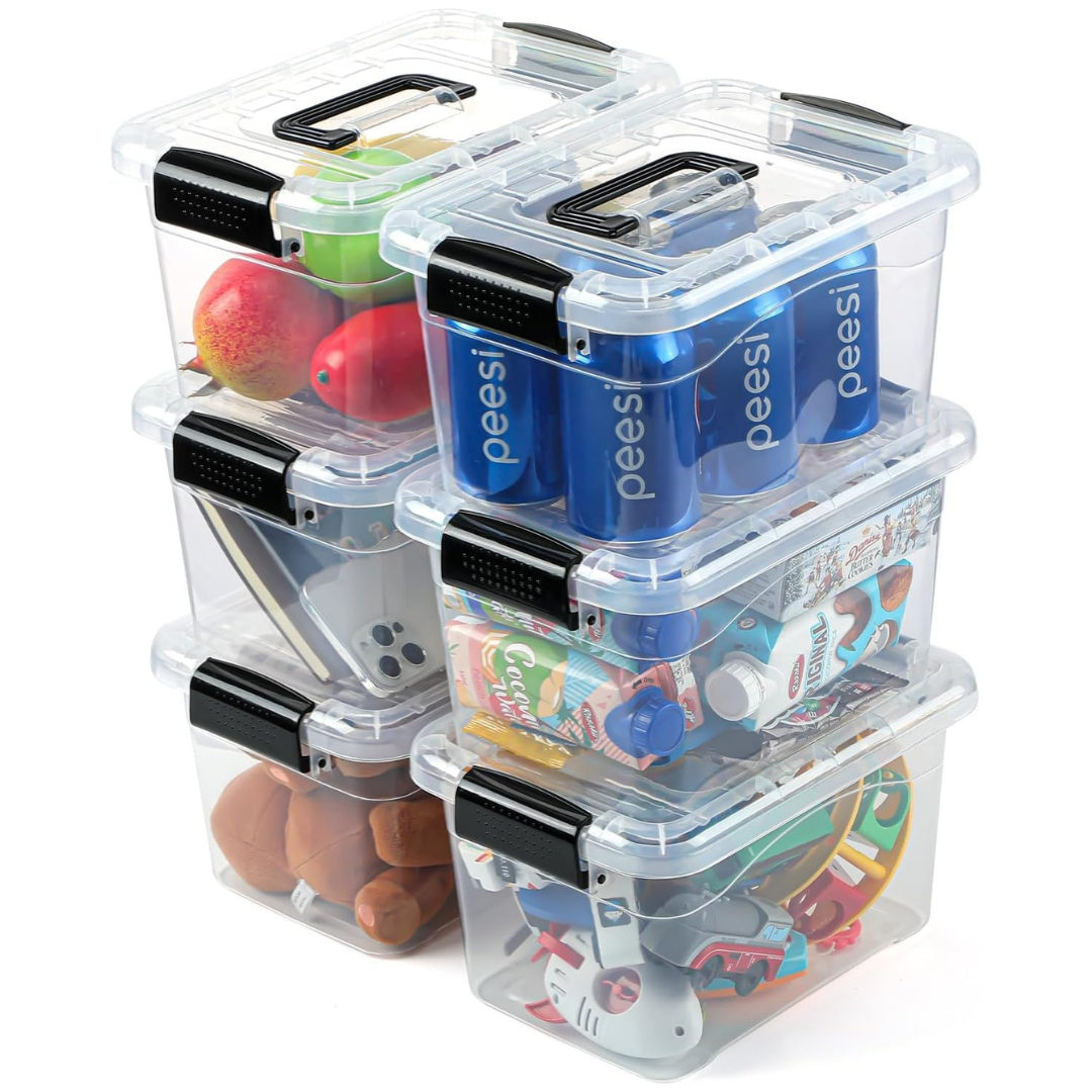 6-Pack Eoenvivs Plastic Storage Bins W/ Lids, Buckle-Up Latches & Handle