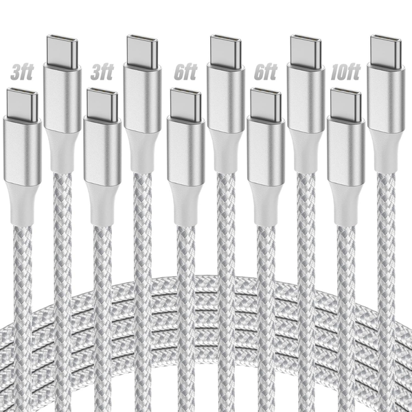 5-Pack USB-C To USB-C Nylon Braided Charging Cables (3/3/6/6/10FT)