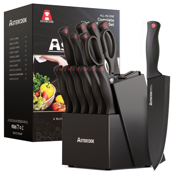 15-Piece Astercook Kitchen Knife Set with Sharpener Block (2 Colors)