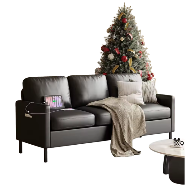 72" Faux Leather 3-Seat Sofa With USB Ports