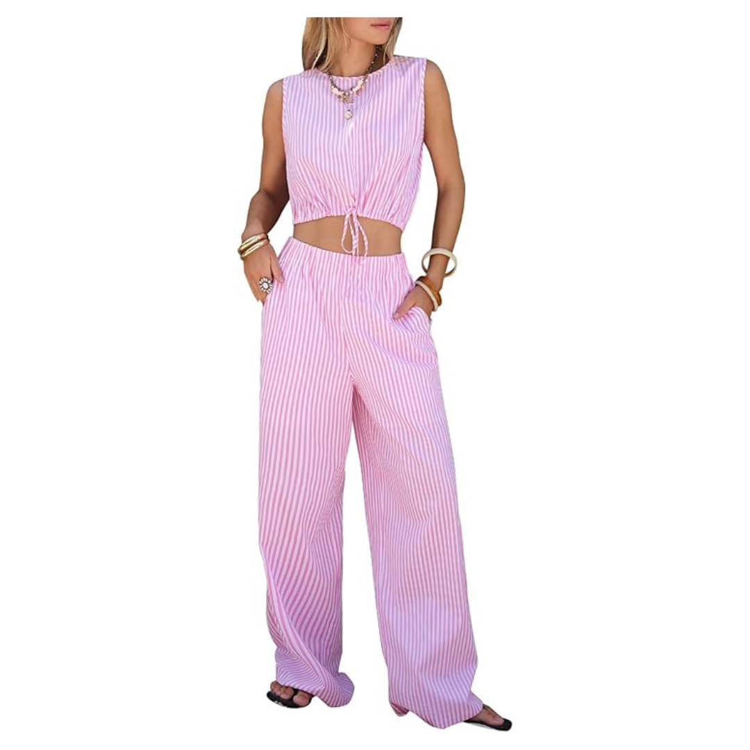 2-Piece Women's 100% Cotton Outfits Stripe Drawstring Crop Tank Tops
