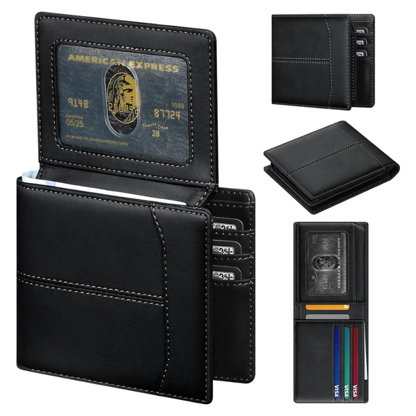 Furid Top Grain Leather RFID Minimalist Bifold Wallet W/ 2 ID Windows