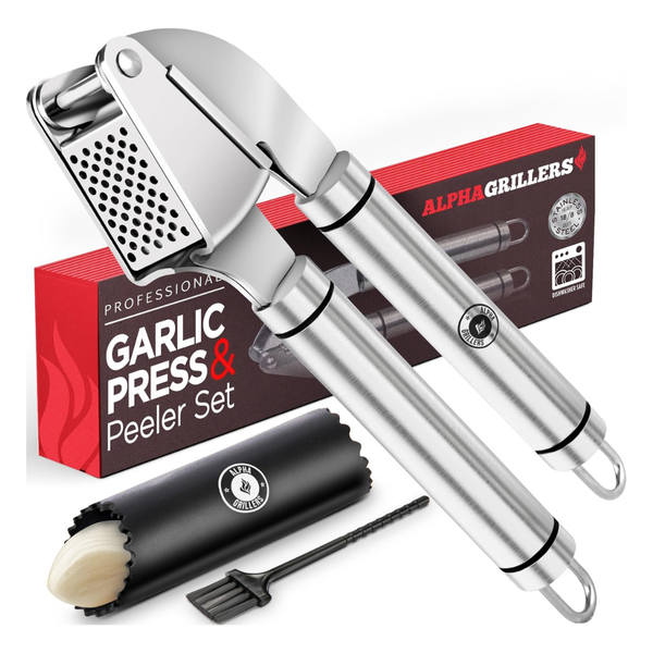 Alpha Grillers Stainless Steel Garlic Press W/ Silicone Peeler & Cleaning Brush