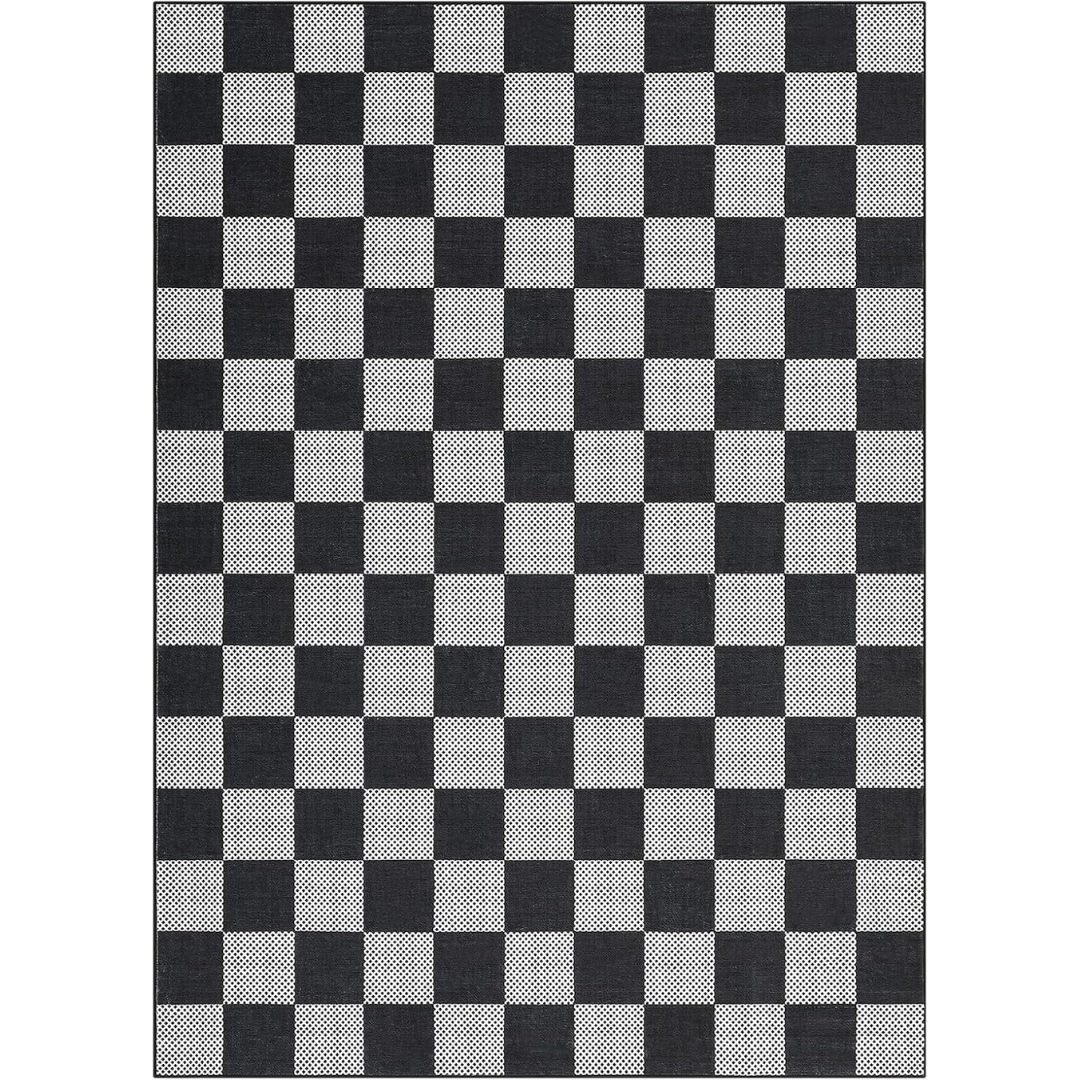 5' X 7' Dark Geometric Washable Checkered Area Rug