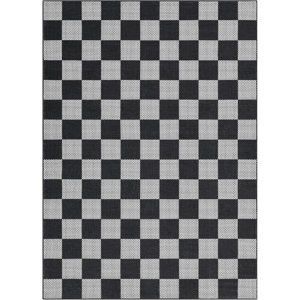 5' X 7' Dark Geometric Washable Checkered Area Rug