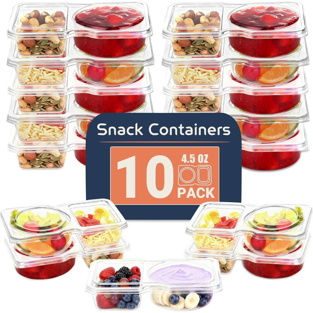 10-Pack 2 Compartment Snack Containers With Secure-Fit Lids