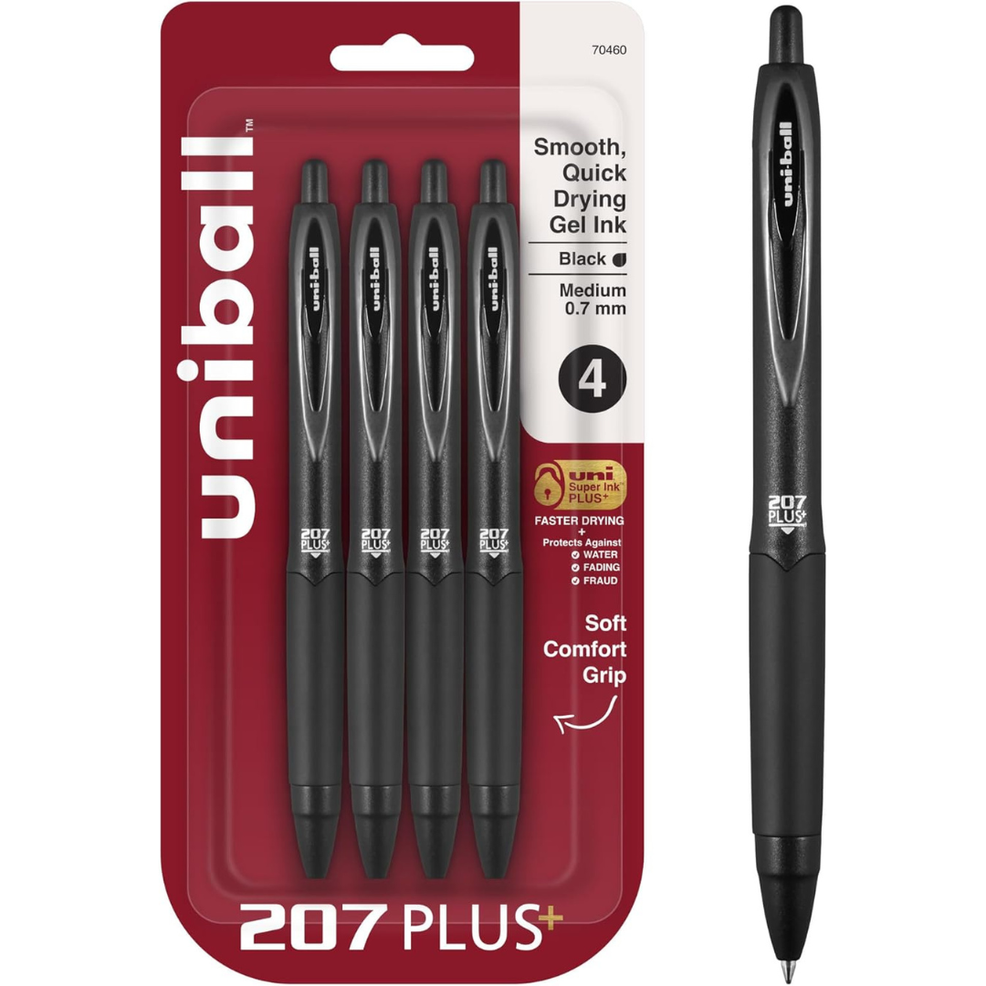 4-Pack uniball 207 Plus+ Retractable Gel Pens (Medium Point, 0.7mm, Black)