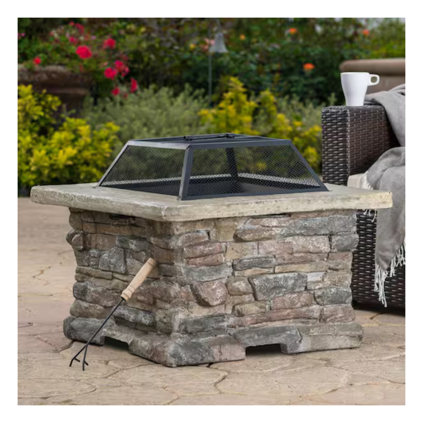 28.7" W X 22" H Stone Square Wood Burning Outdoor Fire Pit