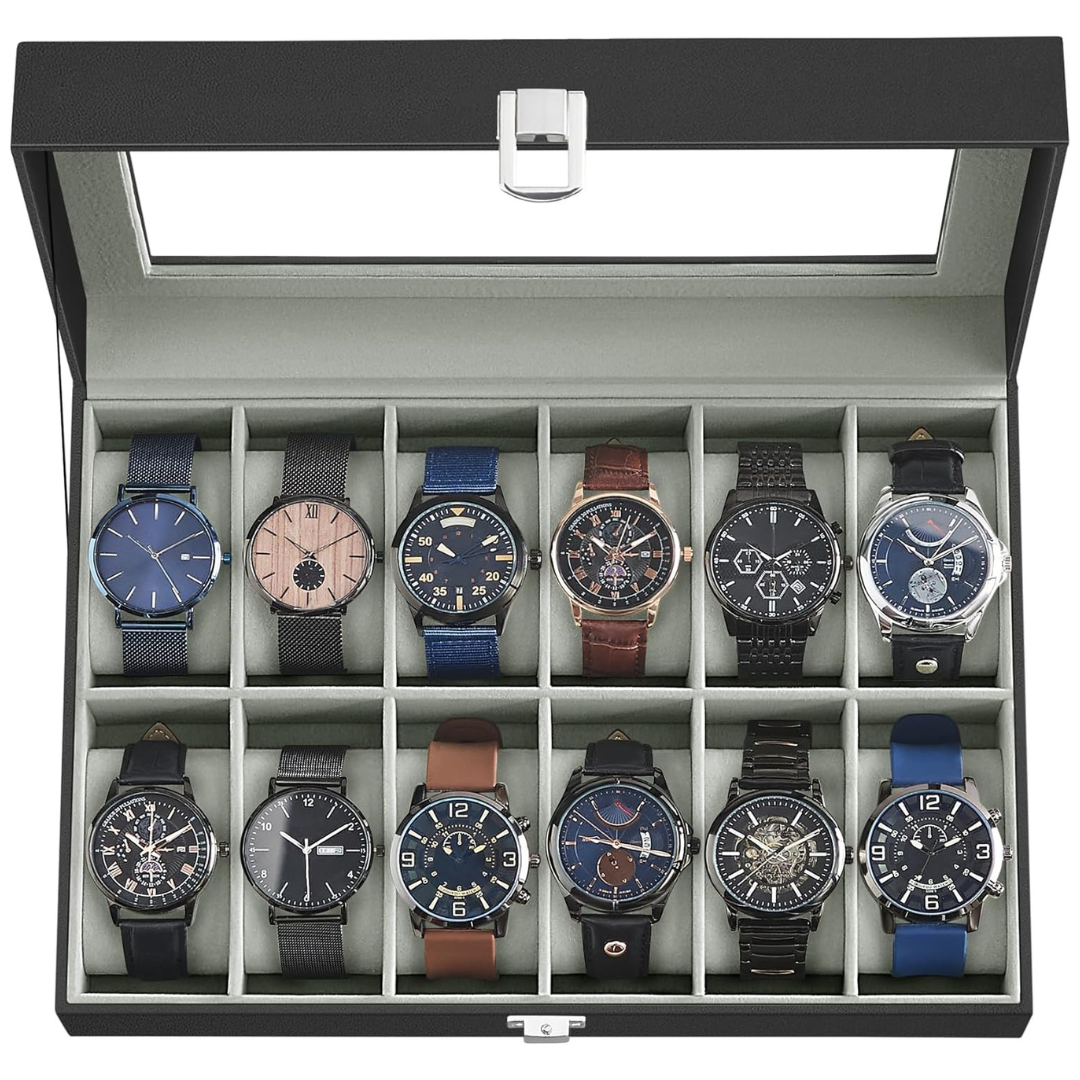 12-Slot Watch Case Organizer with Large Glass Lid