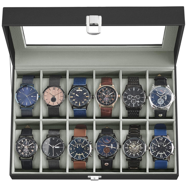 12-Slot Watch Case Organizer with Large Glass Lid