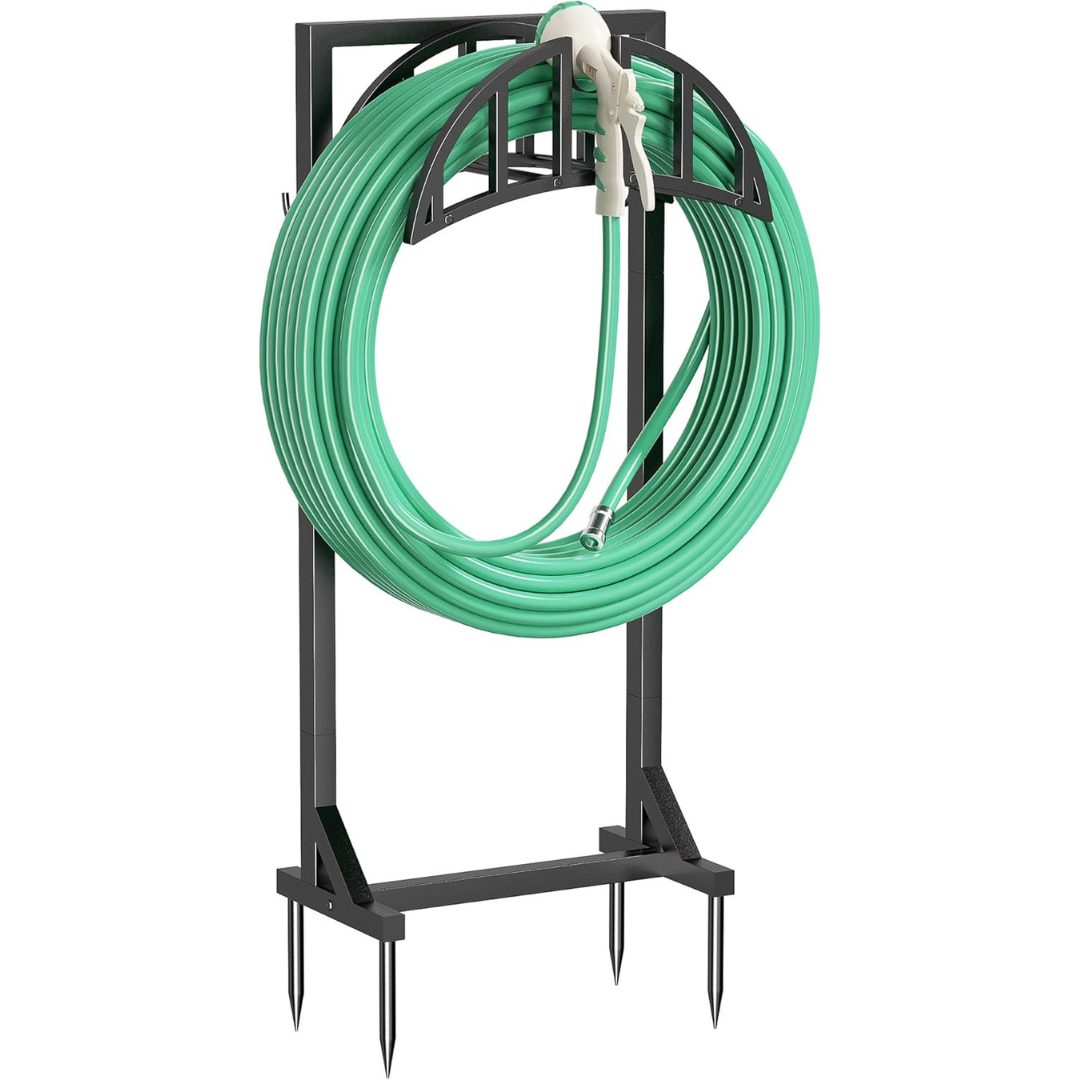 Heavy-Duty Metal Water Hose Stand W/ 4 Stake & 2 Tool Hooks