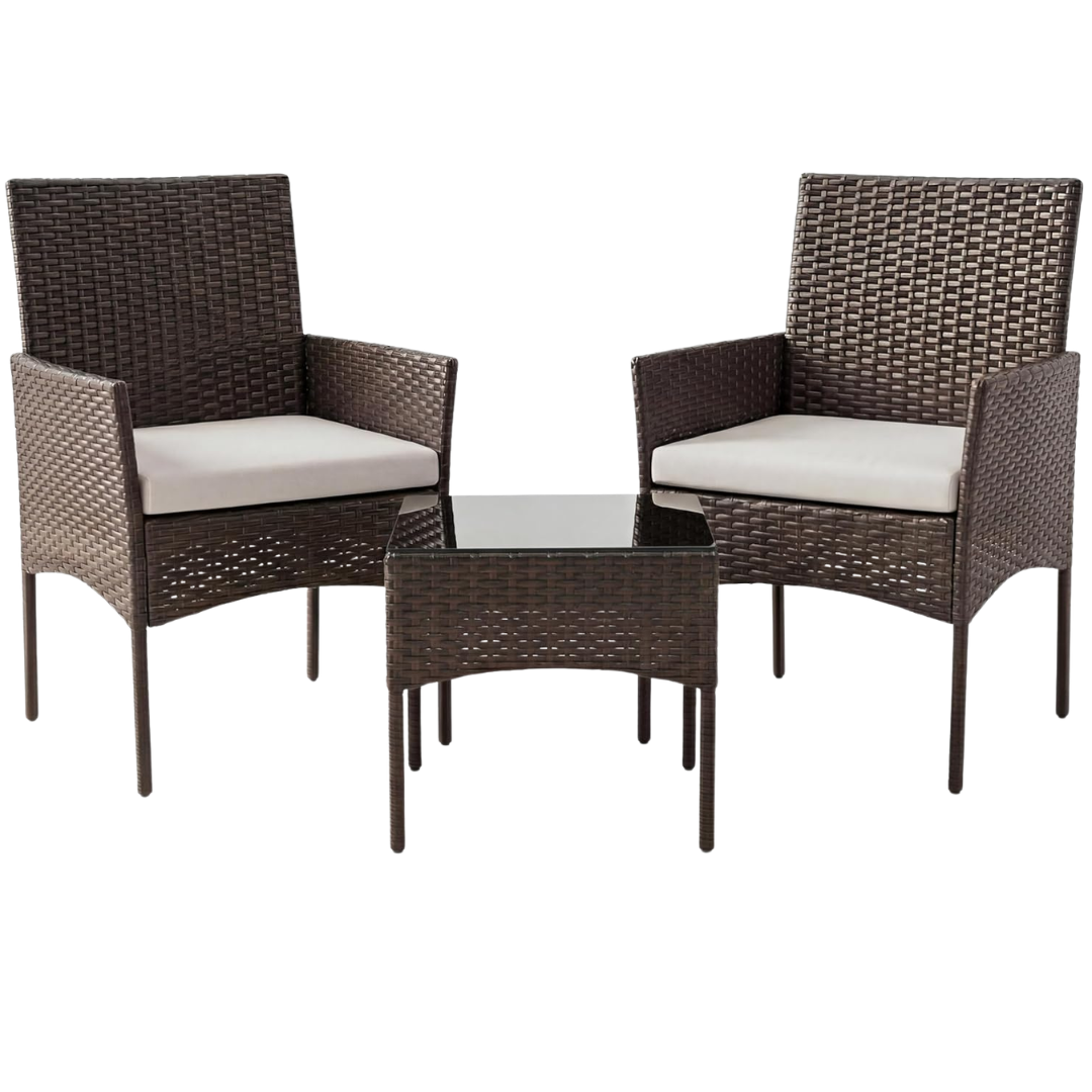 Sweetcrispy 3-Piece All-Weather Patio Conversation Furniture Set W/ Glass Table