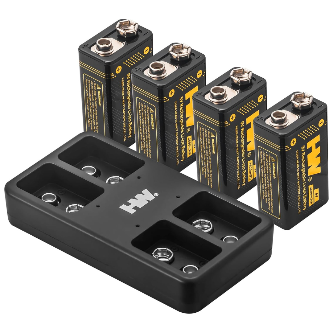 4-Pack HW 3600mWh Rechargeable 9V Batteries With Charger