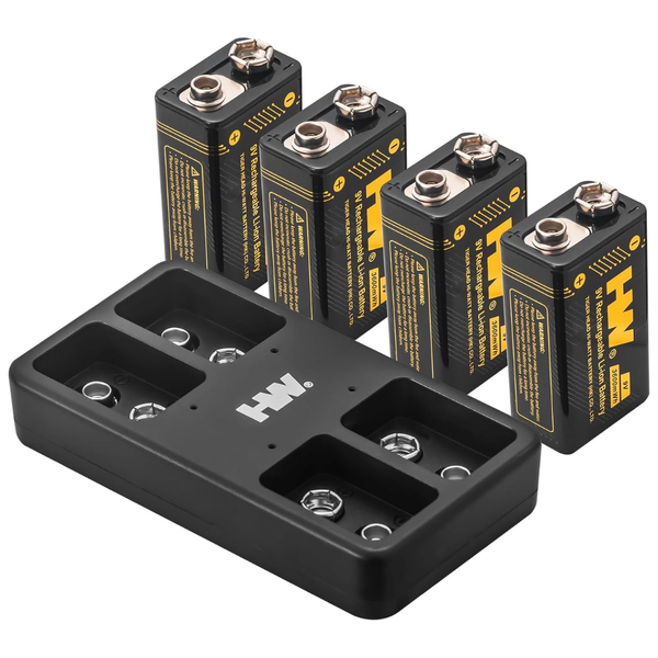 4-Pack HW 3600mWh Rechargeable 9V Batteries With Charger