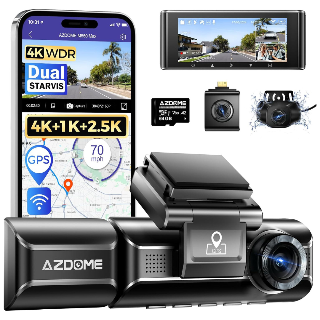 Azdome M550 Max 4K 3 Channel Triple Dash Cam With 64GB Card