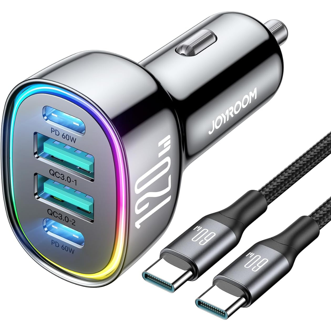 120W Dual PD & QC3.0 Car Charger With 60W USBC Cable