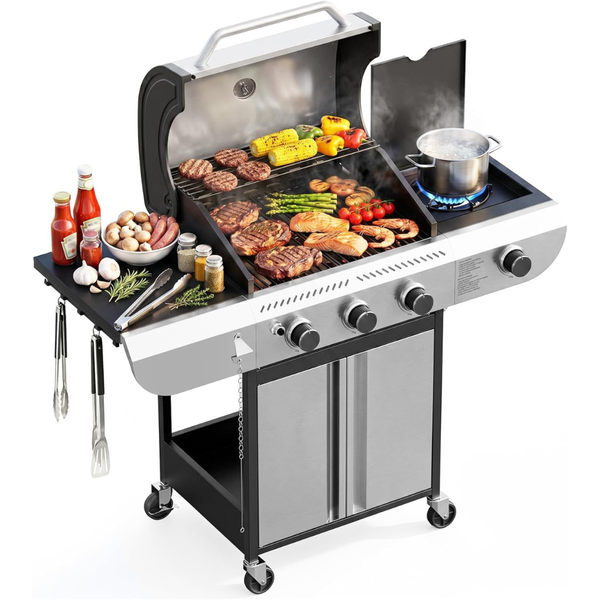 Cowsar 34,000 BTU 3-Burner Propane Gas Grill with Side Burner