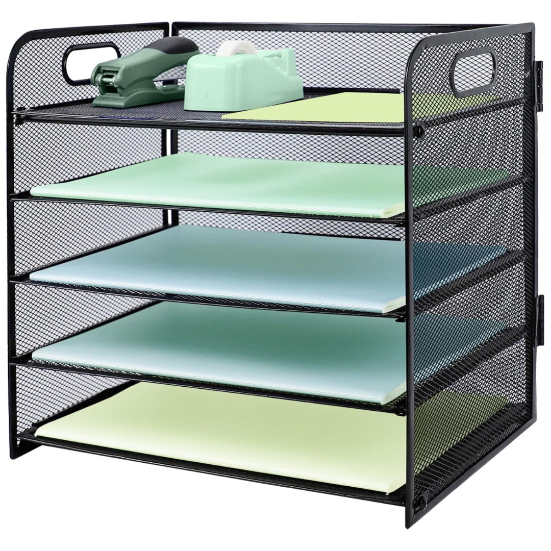 Iougdsec 5 Tier Metal Mesh Desk File Organizer with Handle