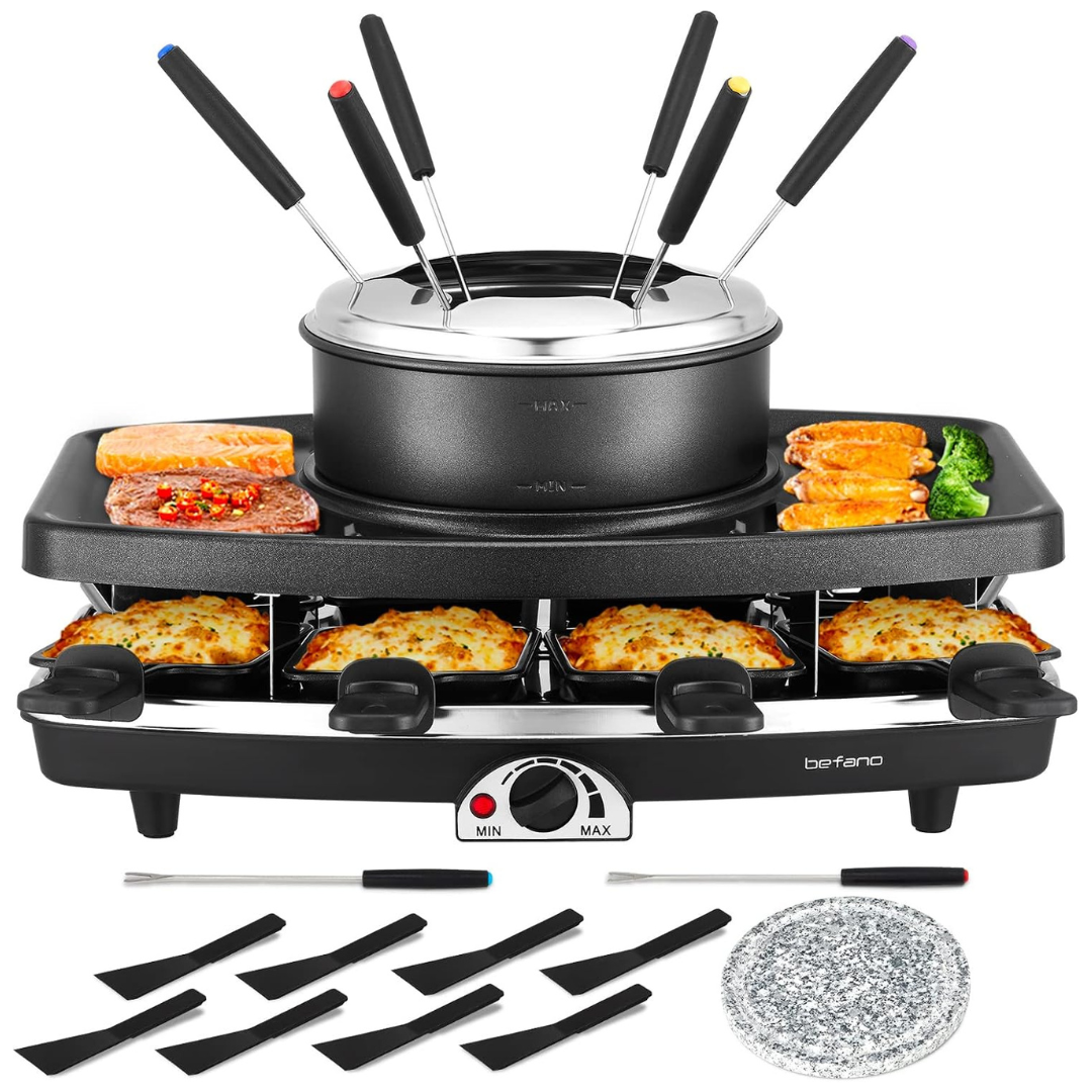 Befano 3-in-1 Portable Electric Raclette BBQ Grill W/ Fondue Pot Sets