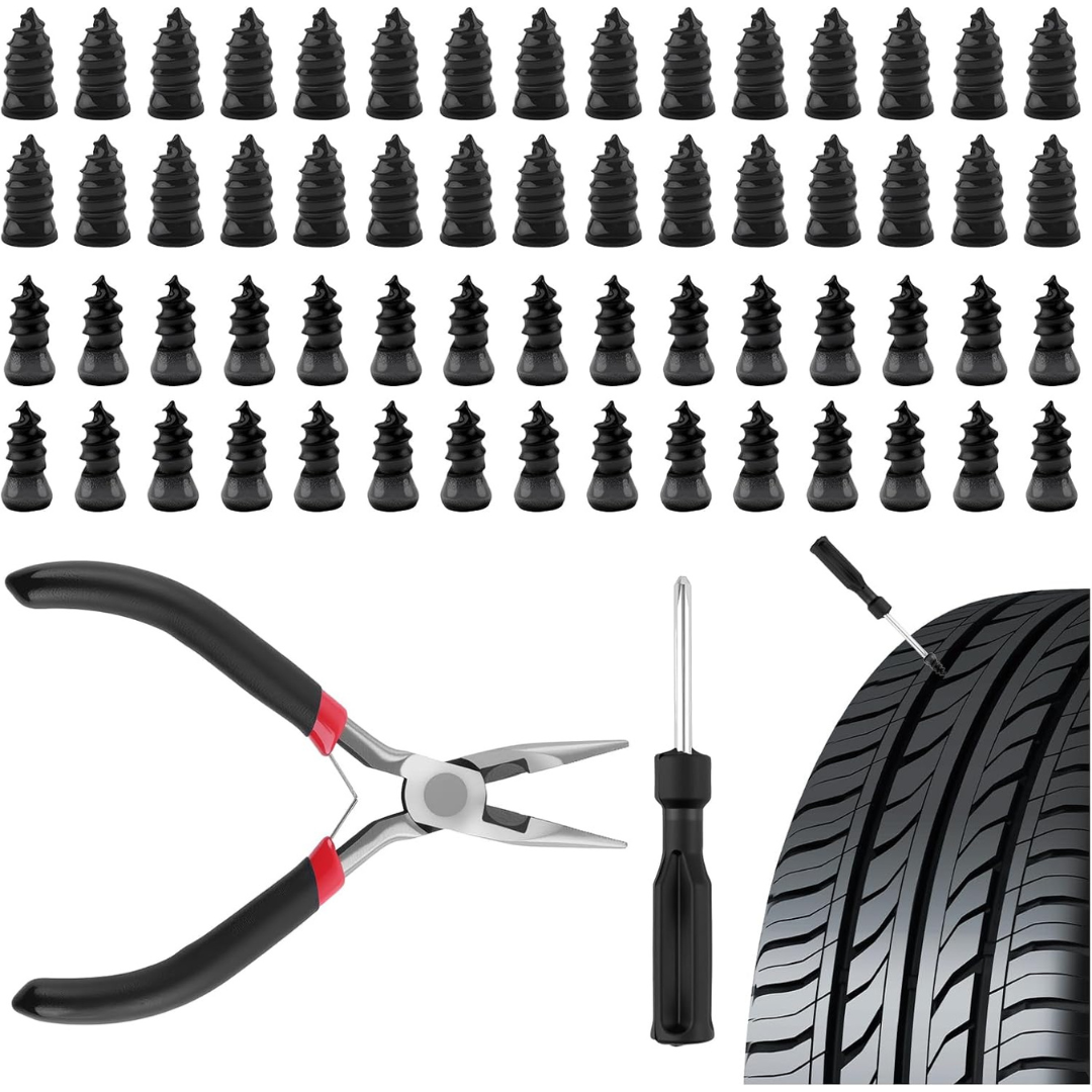 60-Piece Heavy Duty Screw In Tire Plugs W/ Pliers & Screwdrivers (2 Sizes)
