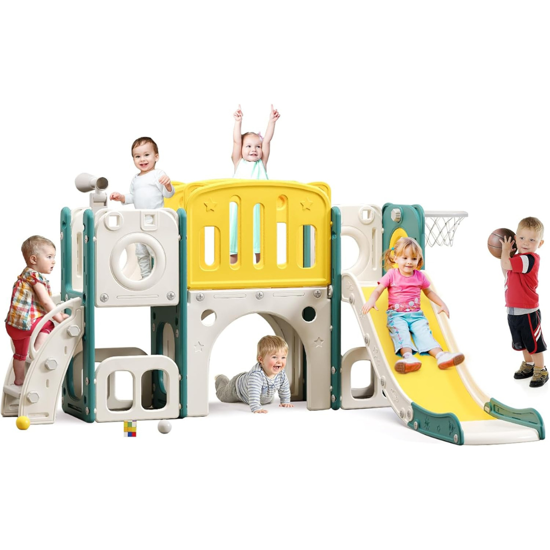 8-in-1 Toddler Slide Playset With Basketball Hoop