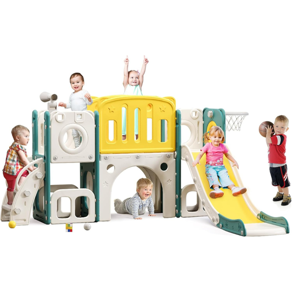 8-in-1 Toddler Slide Playset With Basketball Hoop