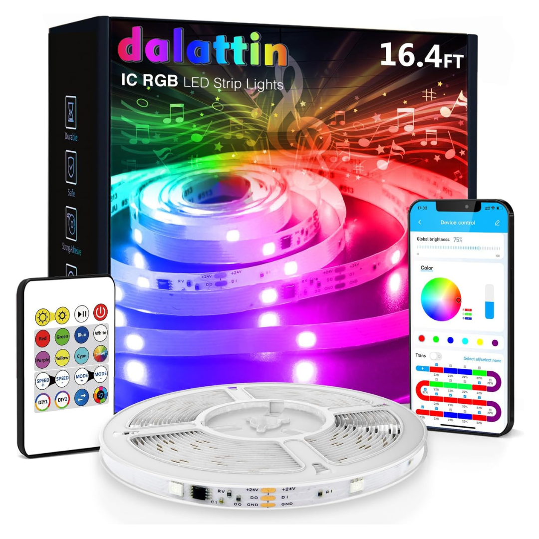 16.4' 5050 IC RGB LED Strip Lights With App & Remote Control