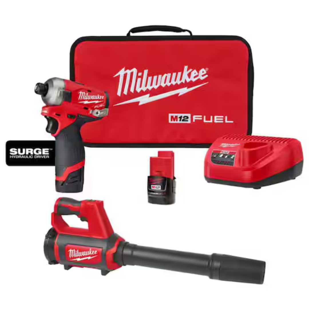 Milwaukee M12 12V Brushless 1/4" Hex Impact Driver Compact Kit W/ Two 2.0Ah Batteries Bundle + M12 12V Cordless Spot Blower