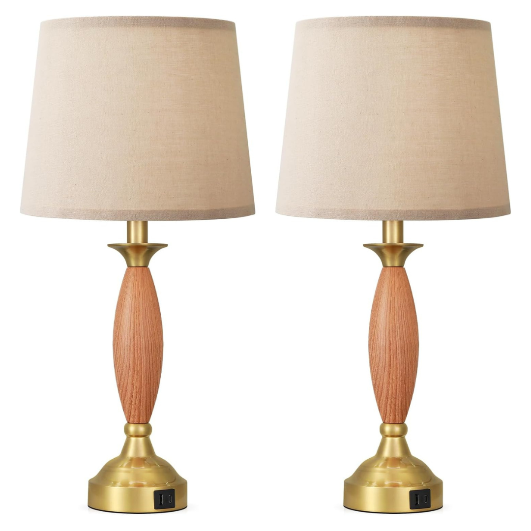 2-Pack 22.5" Seealle Dimmable Metal Wood Touch Table Lamps W/ USB C+A
