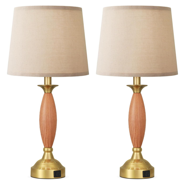 2-Pack 22.5" Seealle Dimmable Metal Wood Touch Table Lamps W/ USB C+A
