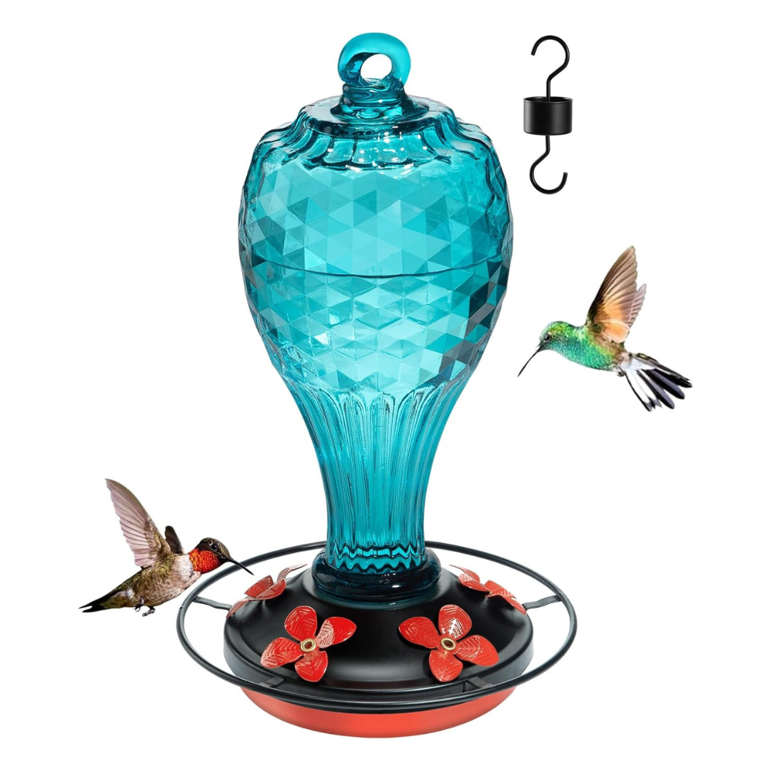 Hand-Blown Blue Glass Hummingbird Feeder