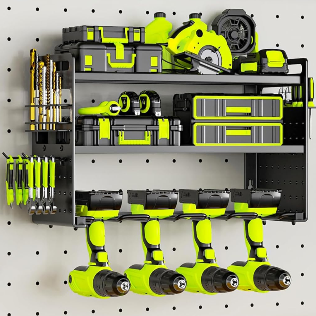 Heavy Duty Wall Mount Power Tool Organizer With Drill Holder (Black)
