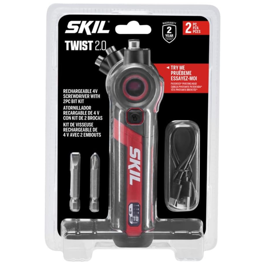 SKIL Twist 2.0 Rechargeable 4V Screwdriver W/ Pivoting Head & 2-Piece Bit Set